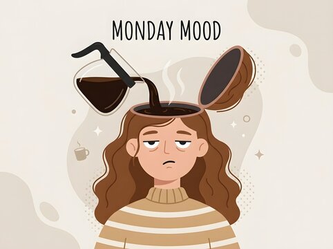 Cartoon woman looking tired with head open pouring coffee into it like a pot for monday mood