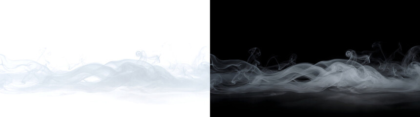 Fog swirling white smoke fog drifts low across ground with soft misty texture for atmospheric design PNG, Transparent and Black Background Versions for editing © Nyxthrasza