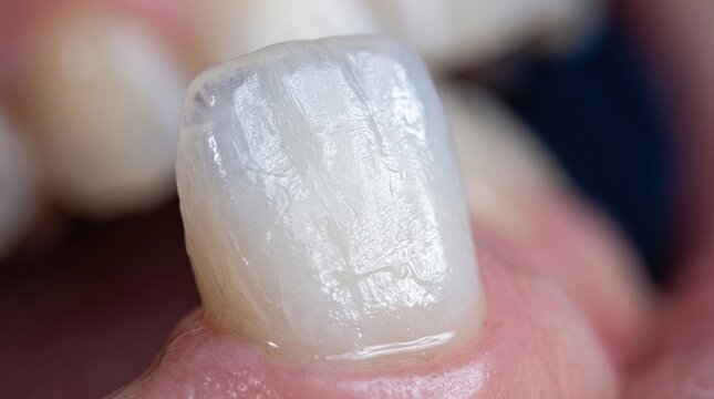 Extreme close up of a healthy, shiny tooth with natural texture