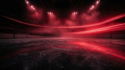 Obraz premium Red ice rink backdrop with neon lights and smoke for hockey competitions.