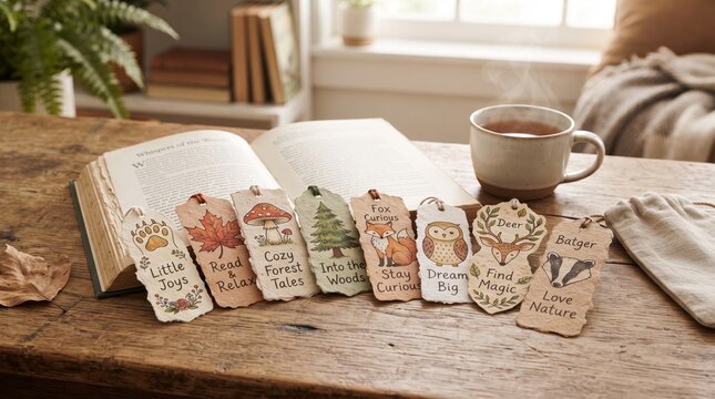 Handcrafted Nature Themed Paper Bookmarks With Woodland Illustrations For Cozy Reading Moments On Wooden Table