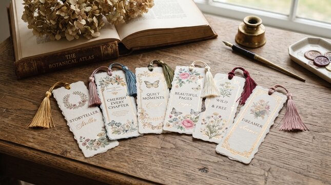 A charming collection of beautifully illustrated bookmarks, featuring inspiring quotes and elegant floral designs, perfect for avid readers and literary enthusiasts