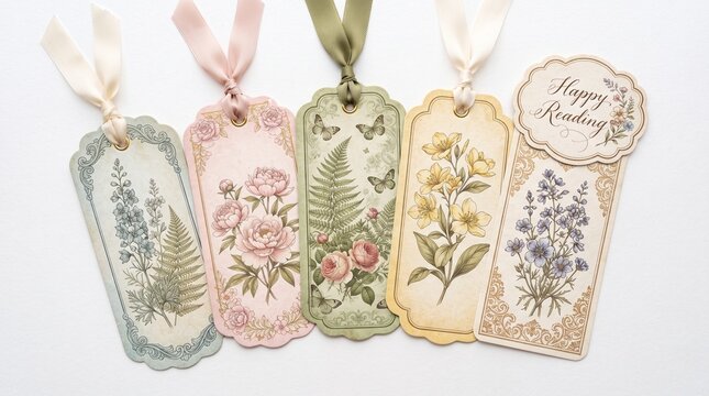 A charming collection of five intricately designed vintage botanical bookmarks, featuring delicate floral illustrations and tied with soft ribbons, displayed against a clean white background
