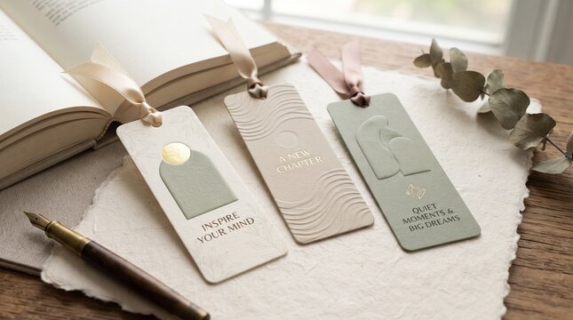 Three elegant bookmarks with inspirational quotes and unique embossed designs displayed with a pen and an open book
