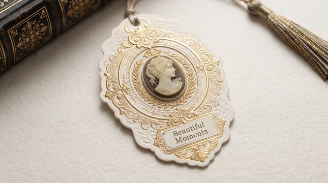 Exquisite vintage bookmark with a cameo portrait and 'Beautiful Moments' inscription, elegantly resting beside an antique gold-embossed book, symbolizing cherished memories