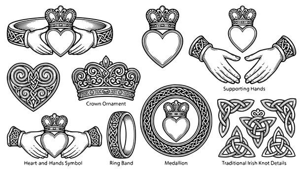 Claddagh Ring Black Engraved Vector Collection with Heart, Hands, Crown, Celtic Knot Details and Traditional Irish Love Symbol Designs