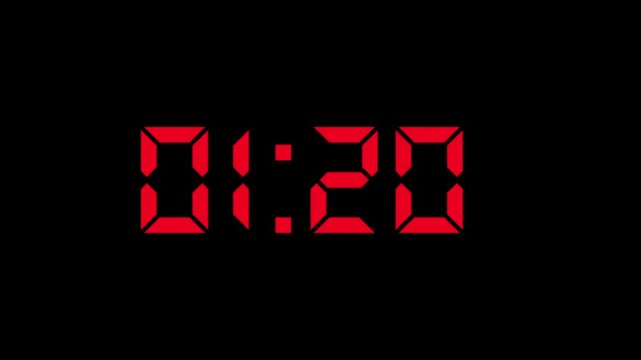 Digital Countdown timer three minute animation from 180 to 0 seconds on transparent background. 3 minutes countdown timer animation. 4k video