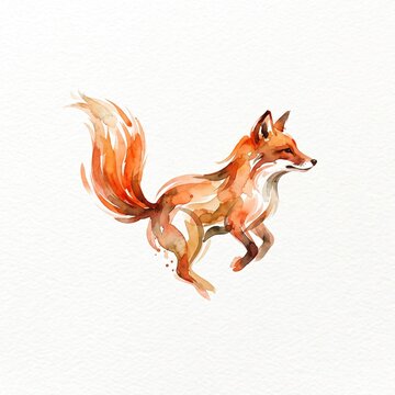 Watercolor painting of a red fox leaping dynamically on a textured white paper background