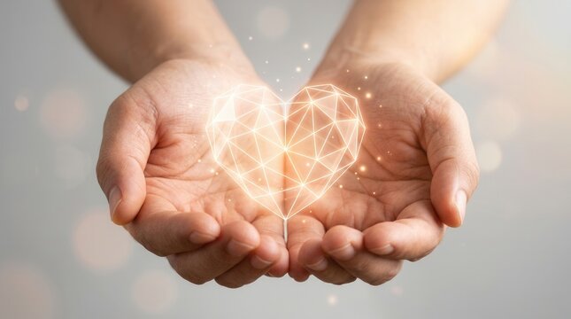 Human hands holding a glowing geometric heart symbol for love and healthcare.