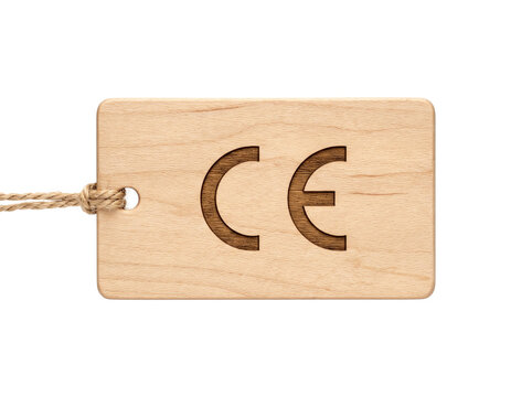 Engraved Wooden Tag with CE Marking on transparent background, Indicating Compliance with European Standards