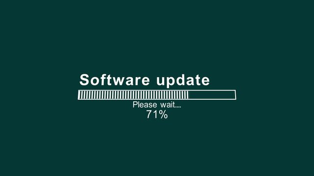 Software update on computer screen with futuristic teal progress bar. 3d loading bar animation