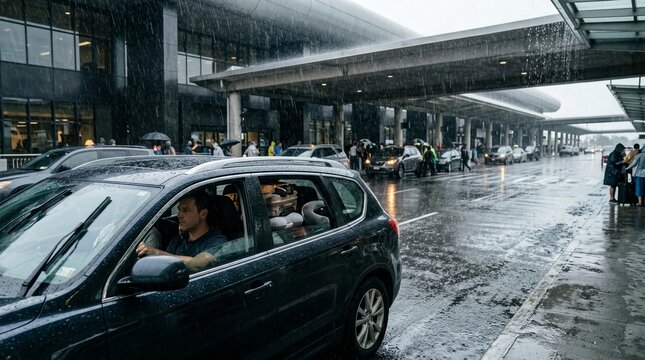 Man driving a car slowly in heavy rain traffic near airport terminal with people and umbrellas