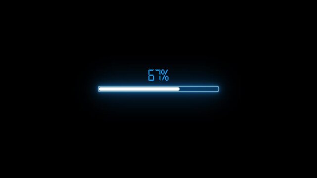 Glowing neon Status bar, process indicator from 0 to 100 increasing percentage, progress bar animation.Uploading,Download bar,update, Loading Bar Animation. Abstract neon loading icon animation