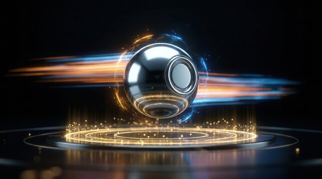 Chrome plated metallic bocce ball hovering on a glowing circular base.