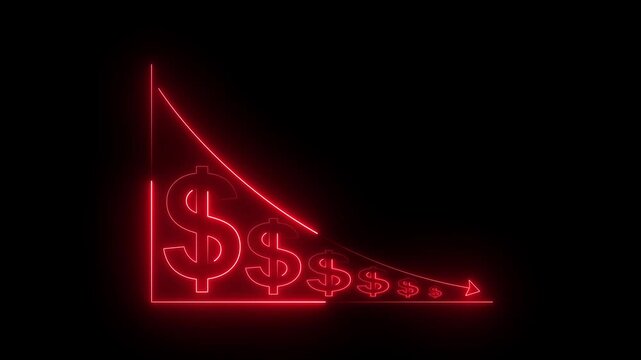 Neon red financial line graph animation showing economic recession with falling dollar currency symbols representing market crash and loss.