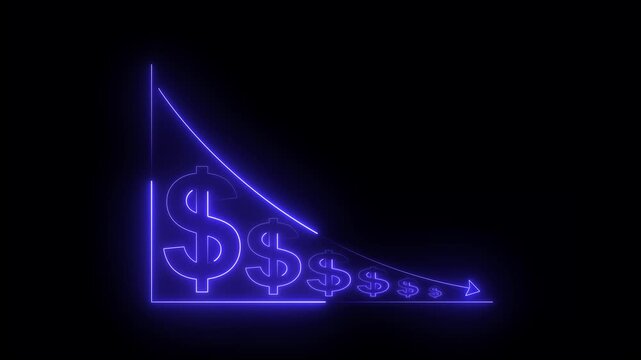 Neon blue financial line graph animation showing economic recession with falling dollar currency symbols representing market crash and loss.