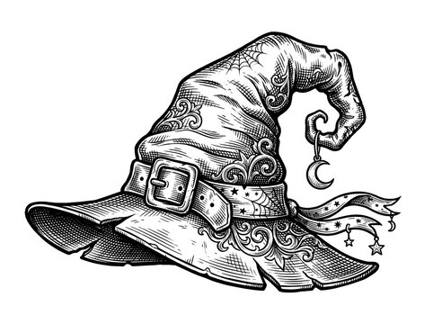 Witch hat magic fantasy halloween black and white vector illustration