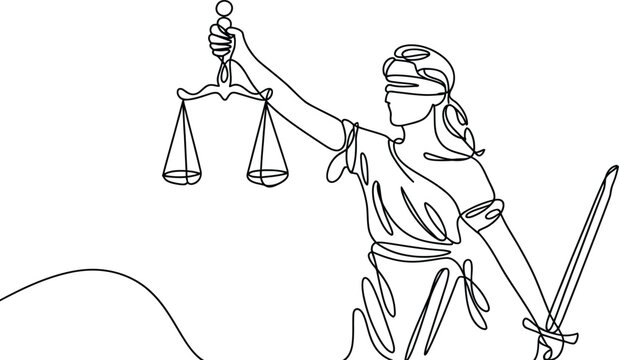 One line drawing of Lady Justice holding scales and sword. Continuous line art. Minimalist vector illustration. Monochrome sketch style. Legal symbol for law concept.