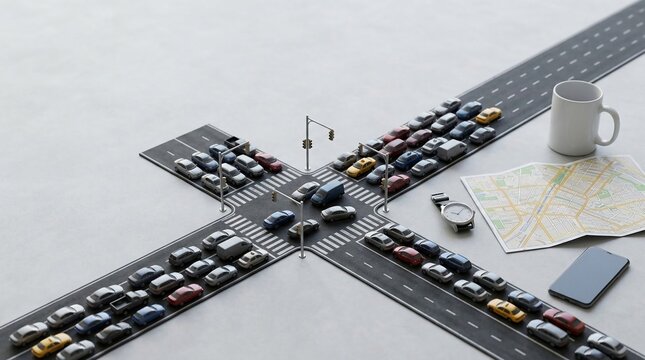 Miniature Cars Stuck in a Detailed City Intersection Traffic Jam