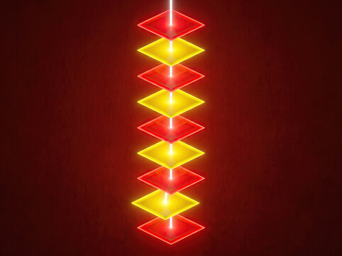 Glowing Red and Yellow Diamond Plates Stacked on a Vertical Light Beam