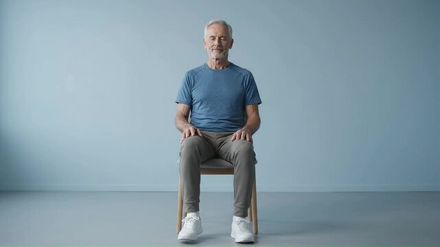 Senior man performing seated leg extension exercises for rehabilitation