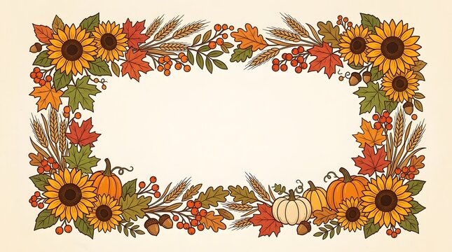 Beautiful Autumn Harvest Decorative Frame Featuring Vibrant Sunflowers Colorful Maple Leaves Ripe Pumpkins Wheat Stalks And Berries For Seasonal Thanksgiving Greeting Cards Or Festive Holiday Designs