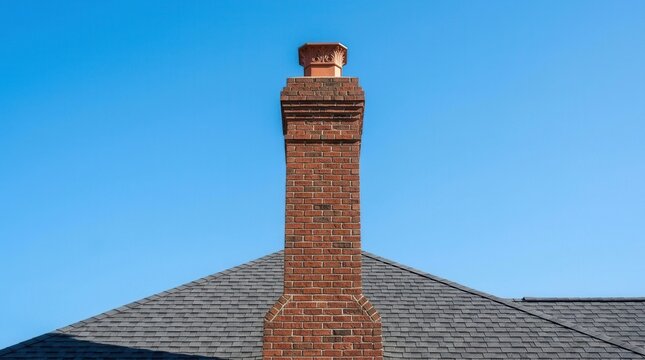 Ornate cap on a red brick chimney against a clear blue sky.