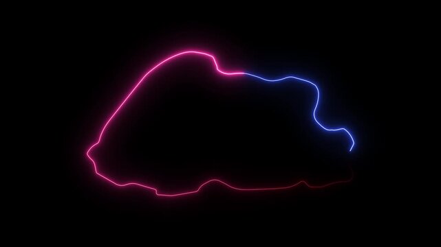 Glowing Neon Outline Map of Bhutan with Dynamic Pulsing Light Effects on Black Background