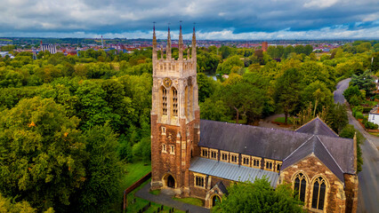 Obraz premium High angle aerial view of gothic church tower in Burton