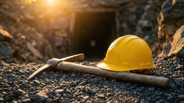 A yellow hard hat and mining pickaxe lie at a mine entrance during golden hour.