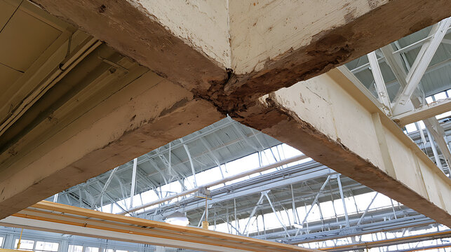 Low angle view of damaged concrete structure ceiling beam showing structural decay and crack defect inside industrial building for repair