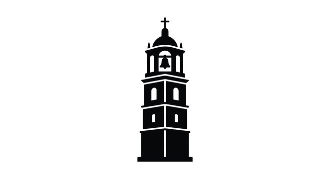 Black silhouette of a tiered church bell tower against a white background