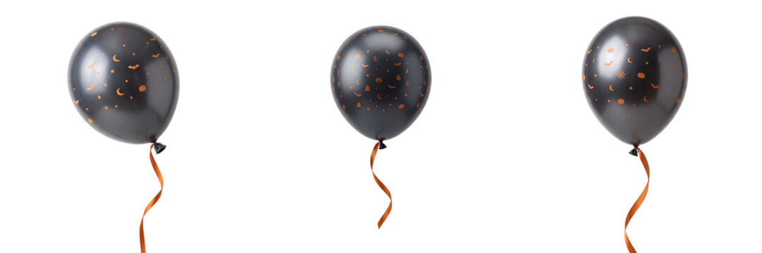 Three black balloons with orange crescent moon and star patterns and orange ribbons isolated on a transparent background