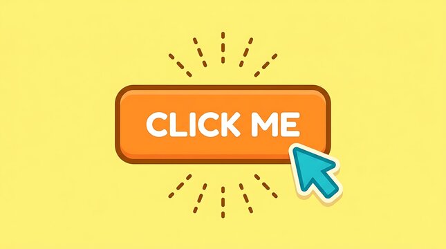 Computer mouse cursor pointing at an orange Click Me button on a yellow background