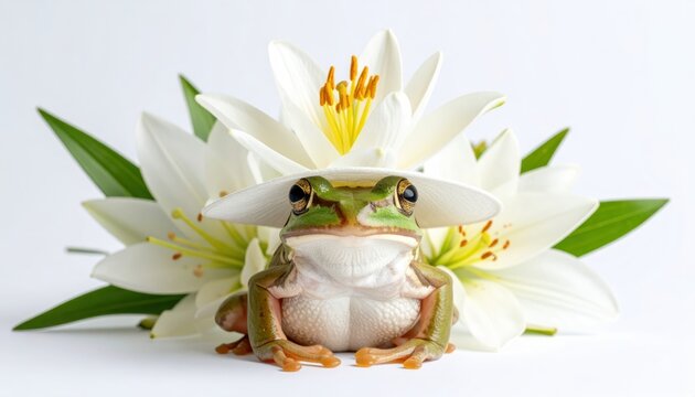 A cute green frog wearing a white hat sitting against elegant white lily flowers on a bright isolated studio background