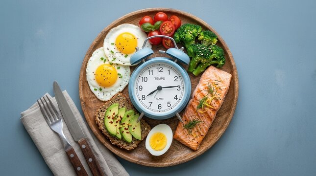 Intermittent fasting diet concept featuring a clock timer with healthy keto low carb food on a plate.