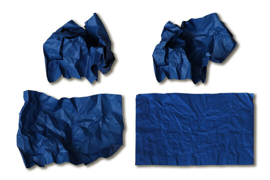Collection of four dark blue crumpled paper sheets and balls for grunge graphic design on a transparent background