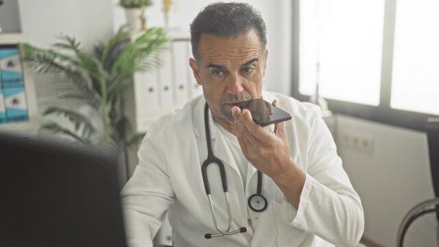 Man doctor holding smartphone to mouth while dictating voice note at his medical office desk with stethoscope visible; concern care.