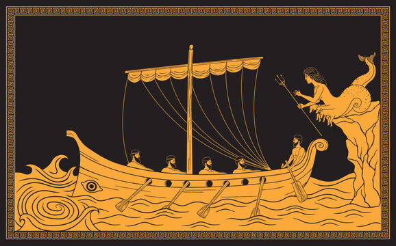 Vector illustration of Odysseus sailing between Scylla & Charybdis