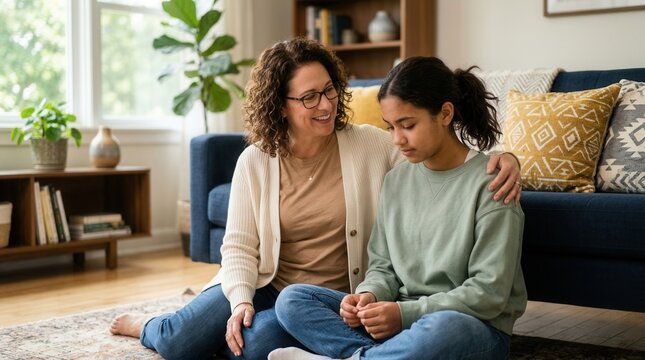 Smiling mother talking to her adopted daughter while sitting on the floor in a living room.