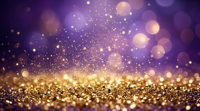 Captivating purple violet and gold glitter bokeh background with a shining texture.