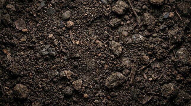 Dark organic forest dirt texture with a rocky soil base and pebbles.