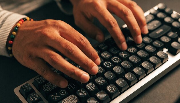 A close-up of hands typing rapidly on a mechanical keyboard with custom keycaps featuring cryptographic symbols.