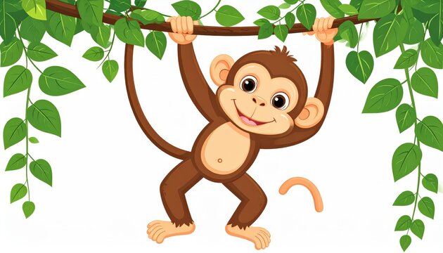 Cute cartoon monkey hanging from jungle tree branch illustration happy cartoon monkey hanging playfully from lush green vine and tree foliage