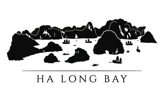 Ha Long Bay silhouette landscape isolated on white background.
