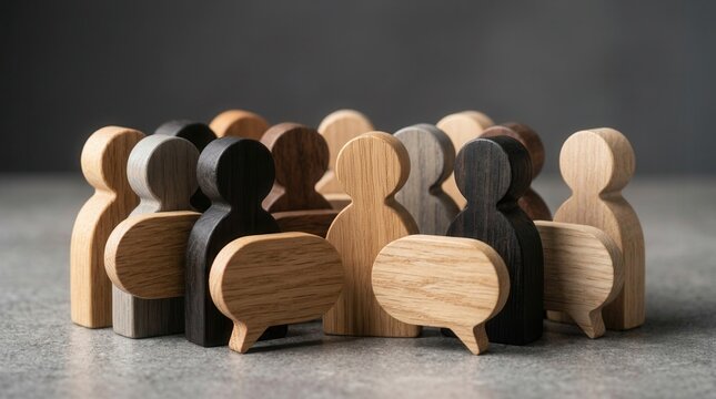 Minimalistic wooden figures exchanging ideas with speech bubbles in an office context.