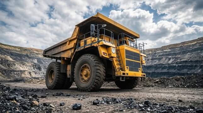 Large yellow mining dump truck extracting anthracite coal in an open pit mine.