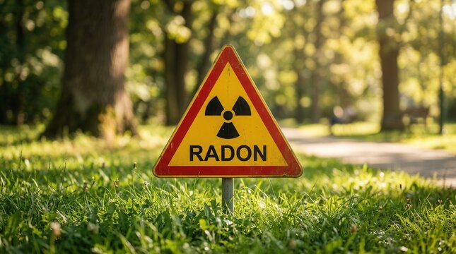 A yellow and red radon warning sign with a black symbol placed in a grassy outdoor area.