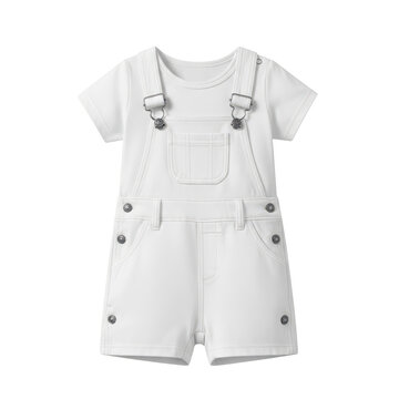 Cute white baby overalls with t-shirt for infants and toddlers isolated on white background