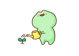 Frog watering a small sprout on the ground with a watering can, gardening or plant growth concept © Chunu